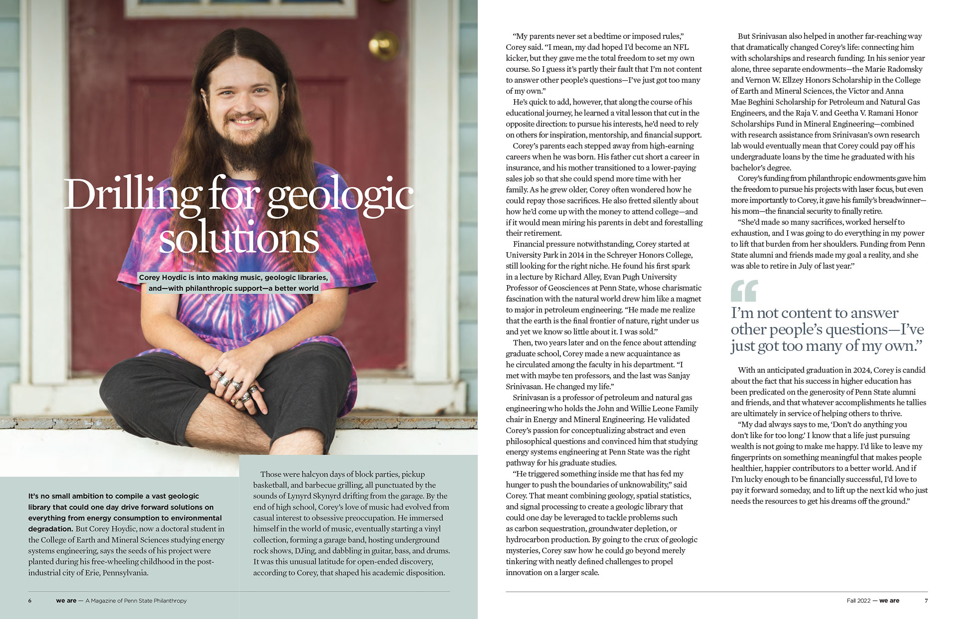 we-are_hoydic-spread Magazine design spread with subject sitting on a front porch step and wearing a tie dyed shirt.